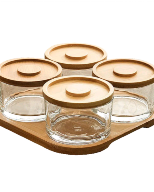 ΣΕΤ 4 ΓΥΑΛΙΝΑ ΒΑΖΑΚΙΑ ΜΕ ΞΥΛΙΝΟ ΚΑΠΑΚΙ ΚΑΙ ΞΥΛΙΝΗ ΒΑΣΗ 21,50×21,50×7,50CM