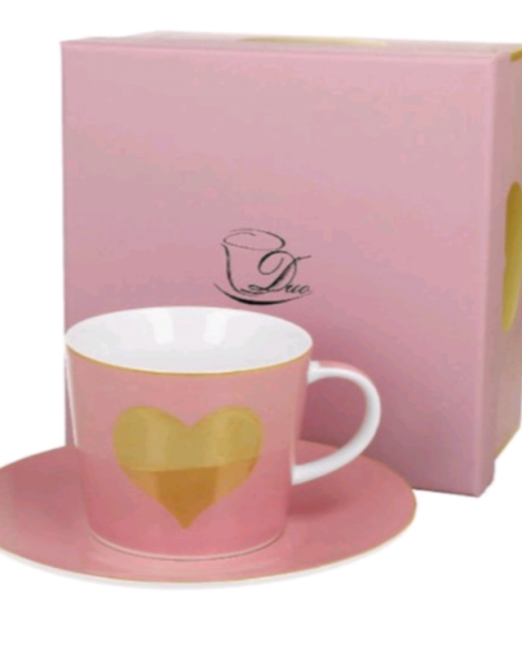 ΣΕΤ ΚΟΥΠΑΣ & ΠΙΑΤΑΚΙ ΡΟΖ ΜΕ ΧΡΥΣΗ ΚΑΡΔΙΑ ROMANTIC COFFEE TIME-PINK EDITION 11×8,5×7cm 250ml