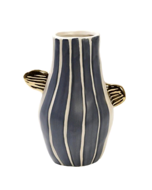 ΜΠΛΕ ΚΕΡΑΜΙΚΟ ΒΑΖΟ ΜΕ ΚΑΘΕΤΕΣ ΛΕΥΚΕΣ ΡΙΓΕΣ ΚΑΙ ΧΡΥΣΕΣ ΛΕΠΤΟΜΕΡΕΙΕΣ 17,70×11,30×23,50 cm