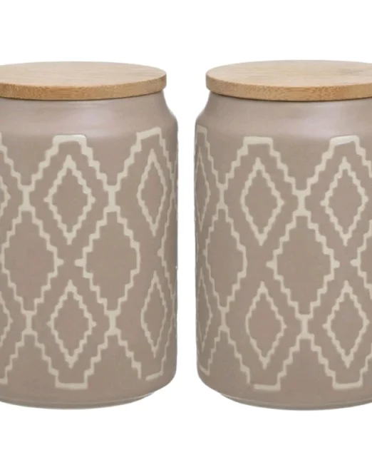 Σετ 2 Κεραμικά Βάζα Κουζίνας Coffee & Sugar με Καπάκι Bamboo - Taupe Ethnic 11×11×15cm