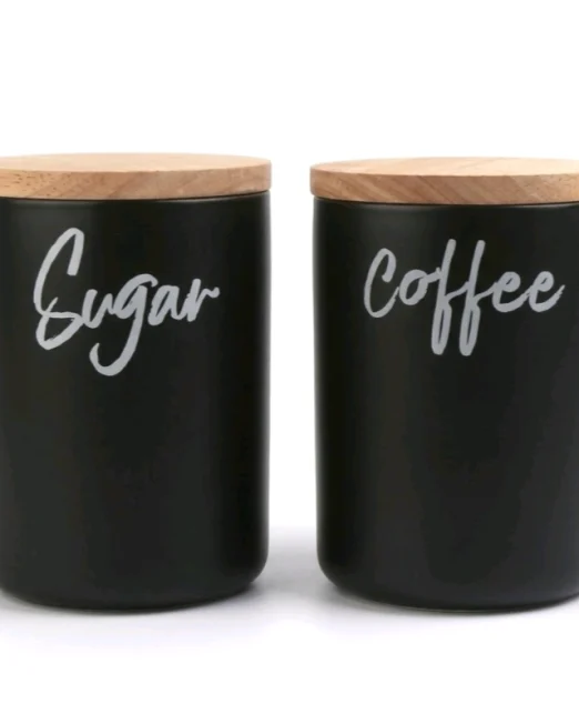 Σετ 2 Κεραμικά Βάζα Αποθήκευσης Coffee & Sugar με Καπάκι Bamboo - Espresso Dark Brown 10×13,50cm